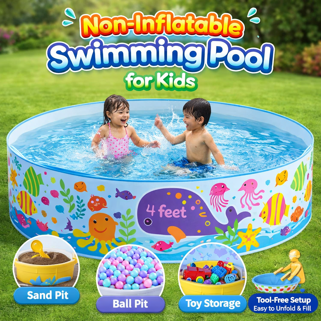 Non-inflatable swimming pool for kids with children playing, surrounded by grass and flowers.