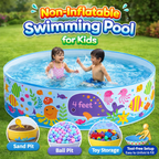 Non-inflatable swimming pool for kids with children playing, surrounded by grass and flowers.