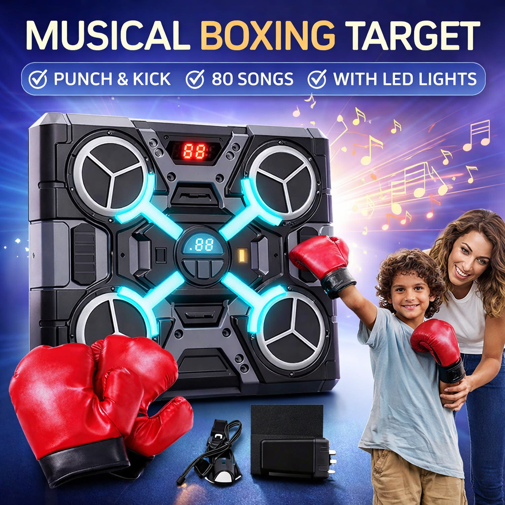 Musical boxing target with red boxing gloves and LED lights, featuring a woman and child.
