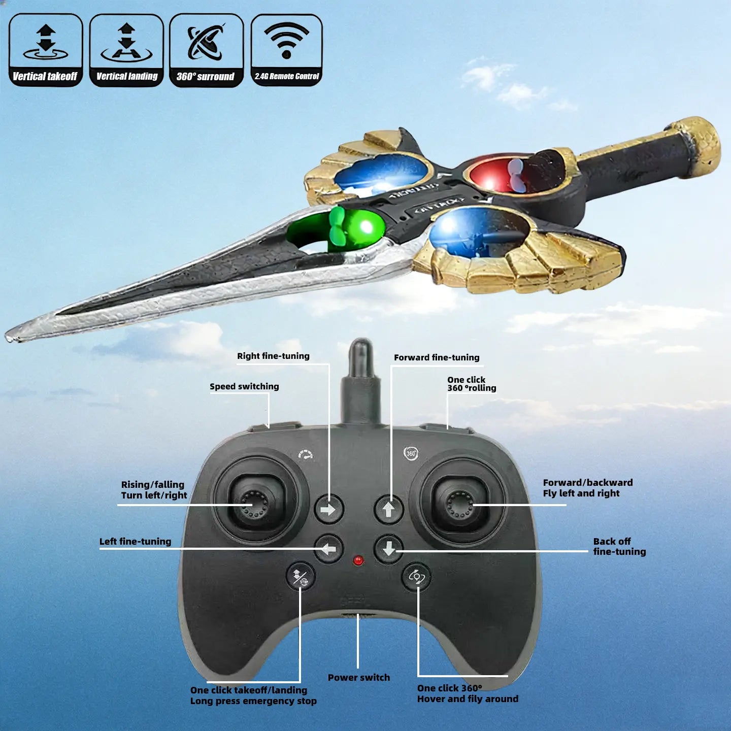 RC Flying Sword Drone Toy with Remote Control – LED Light-Up Hover Drone for Kids