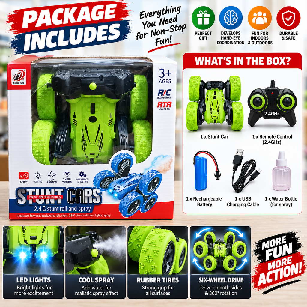 Remote Control 6-Wheel Stunt Car with Lights & Music | Double-Sided RC Car with Battery