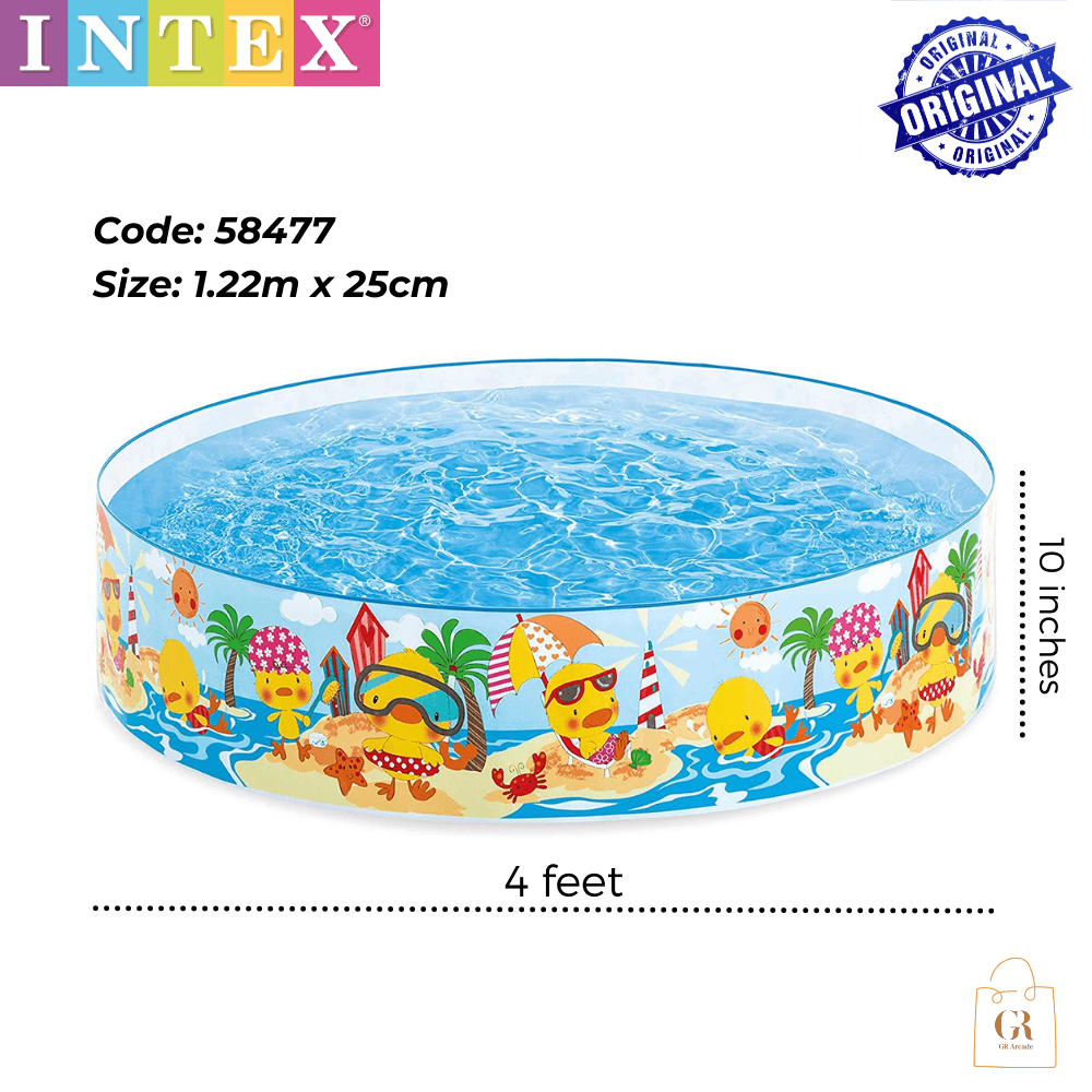 Intex inflatable pool with beach-themed design and product details on a white background