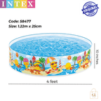 Intex inflatable pool with beach-themed design and product details on a white background