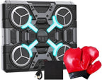 Black and gray drone with glowing blue lights and a red boxing glove on a white background