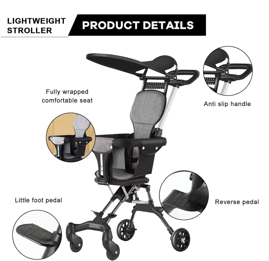 Foldable Baby Stroller – Reversible Seat, 360° Rotating Wheels & Sun Canopy