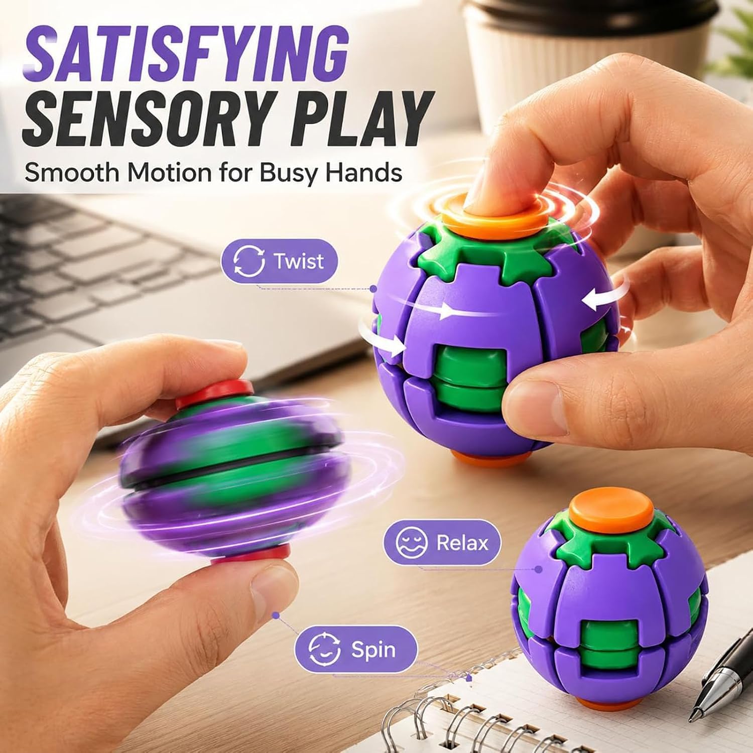 Press-to-Spin Fidget Ball – Stress Relief Sensory Spinner Toy