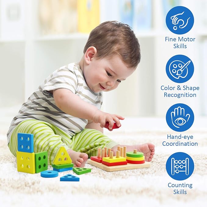 Wooden Stacking Toy for Kids – Shape Sorting & Color Learning Puzzle