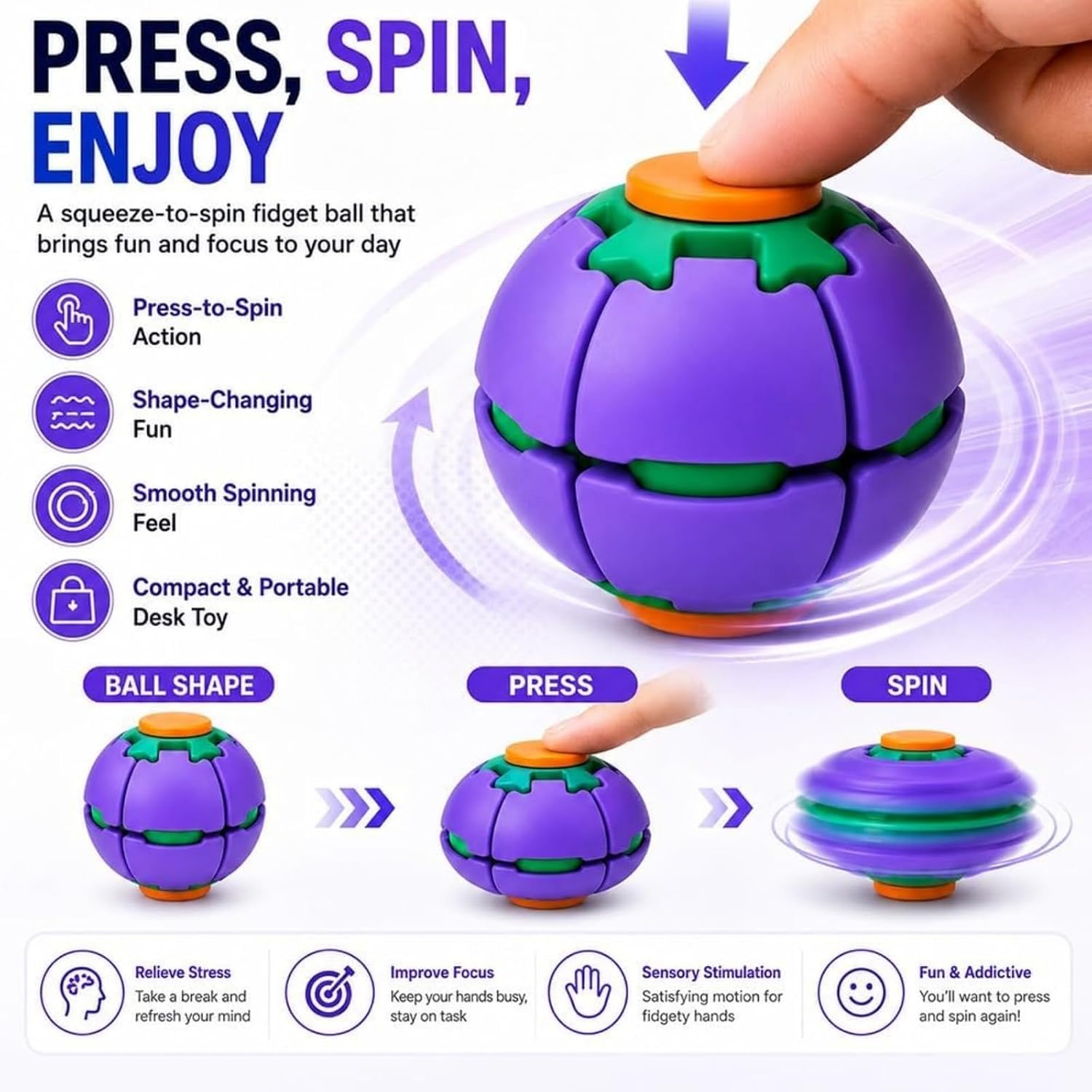 Press-to-Spin Fidget Ball – Stress Relief Sensory Spinner Toy