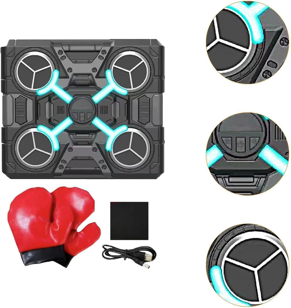 Black and gray drone with red boxing glove and black box on a white background