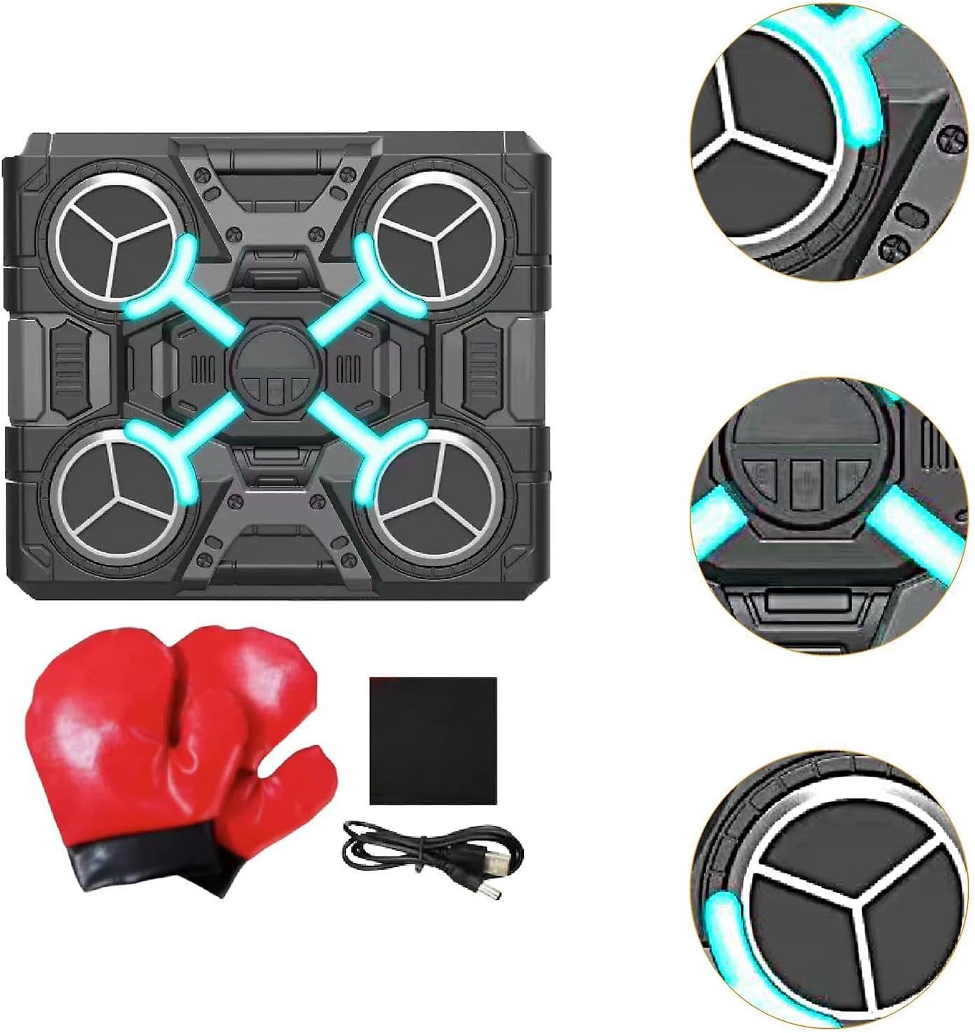 Black and gray drone with red boxing glove and black box on a white background