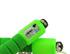 Green roller skates with black wheels on a white background