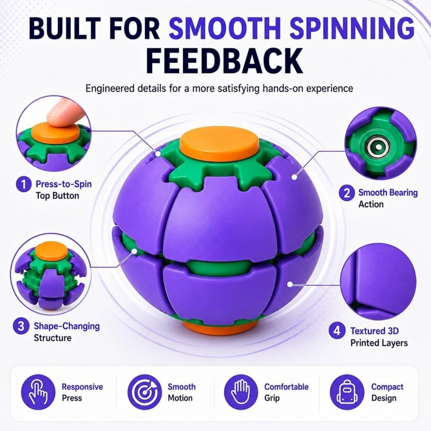 Press-to-Spin Fidget Ball – Stress Relief Sensory Spinner Toy