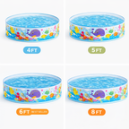 Inflatable pools with ocean-themed design and size labels on a white background
