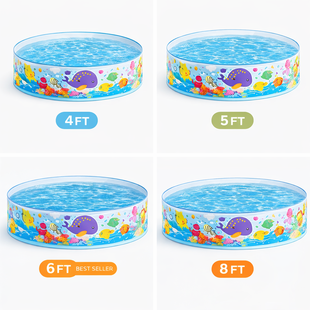 Inflatable pools with ocean-themed design and size labels on a white background
