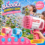 Pink bubble gun with colorful text and graphics on a blue background