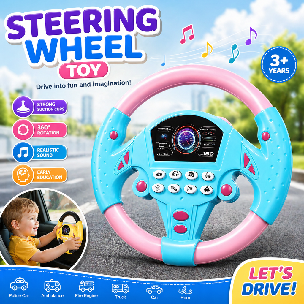 Kids Steering Wheel Toy with Sound & Light – 360° Rotating Driving Simulator
