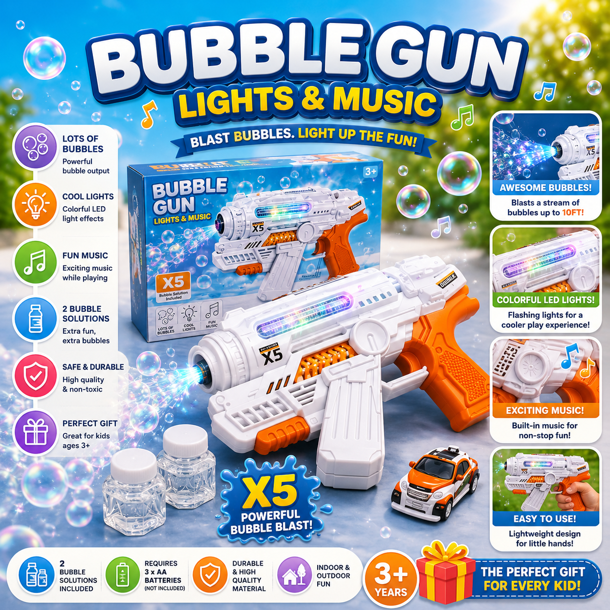 Electric Bubble Gun with Lights and Music – Automatic Bubble Blaster Toy for Kids