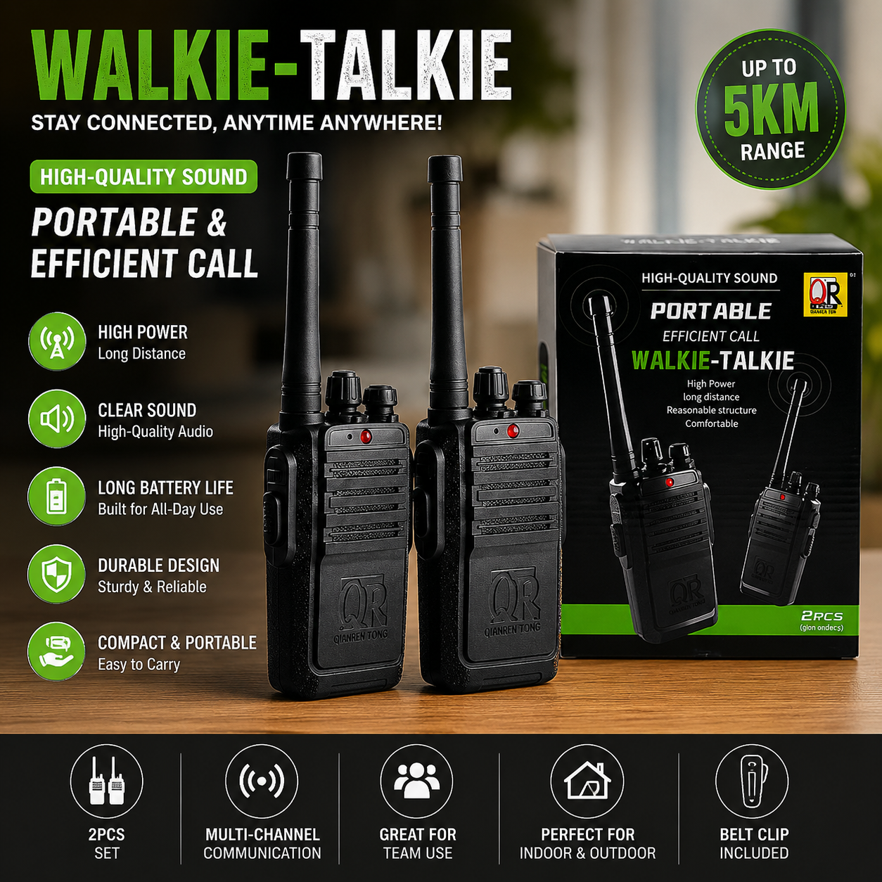 Walkie Talkie Set for Kids & Adults – Long Range 2-Way Radios (2 PCS)