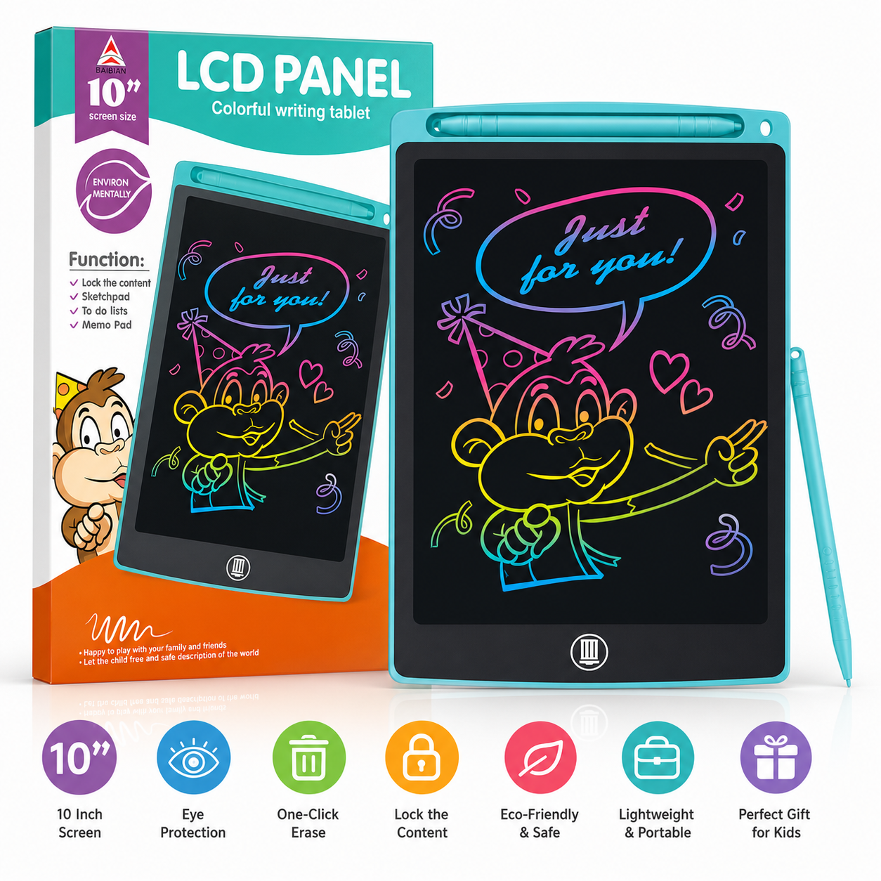 LCD Writing Tablet for Kids – Colorful Drawing Board with Stylus, Erase Button & Screen Lock
