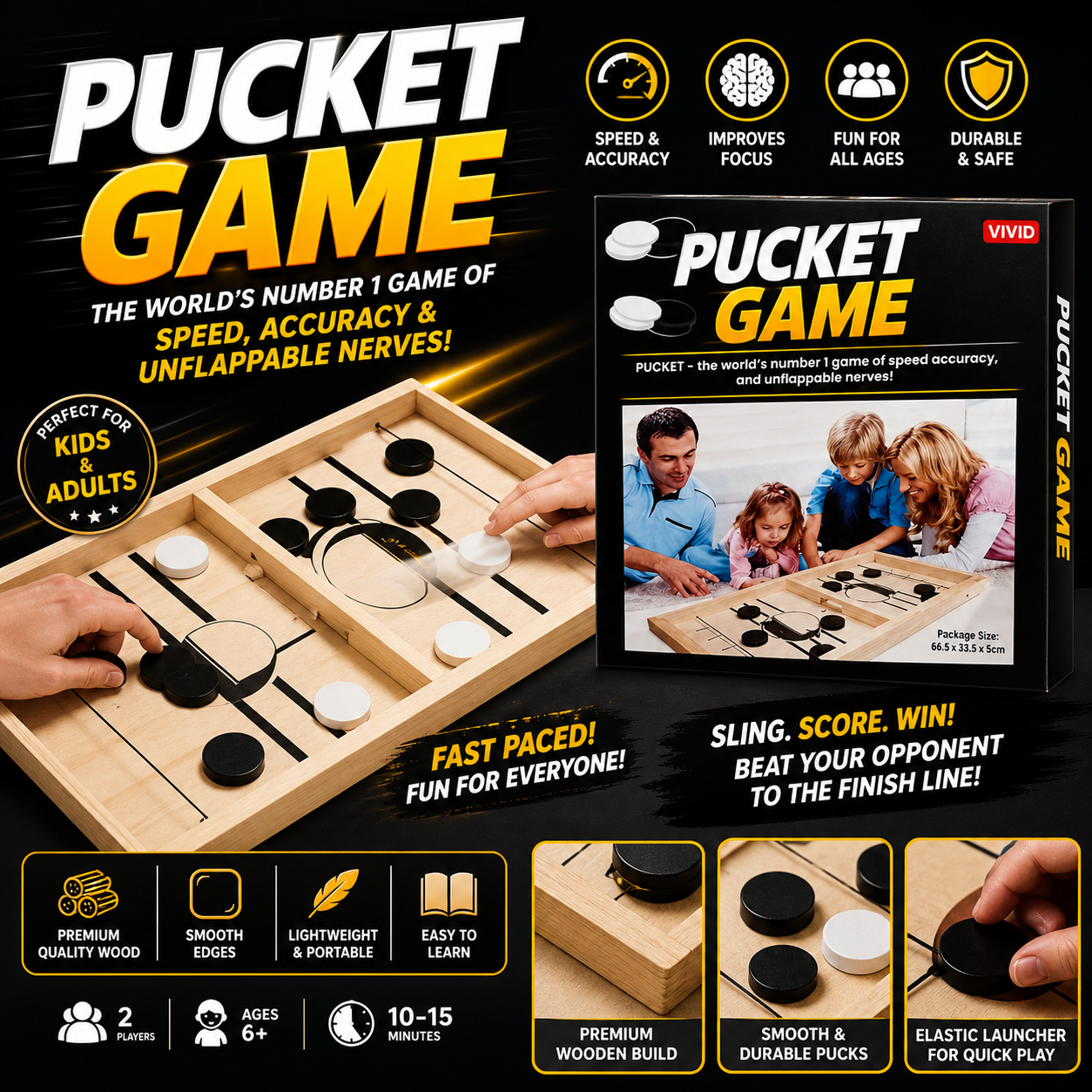 Pucket Game Wooden Sling Puck Board Game – Fast-Paced Family Game