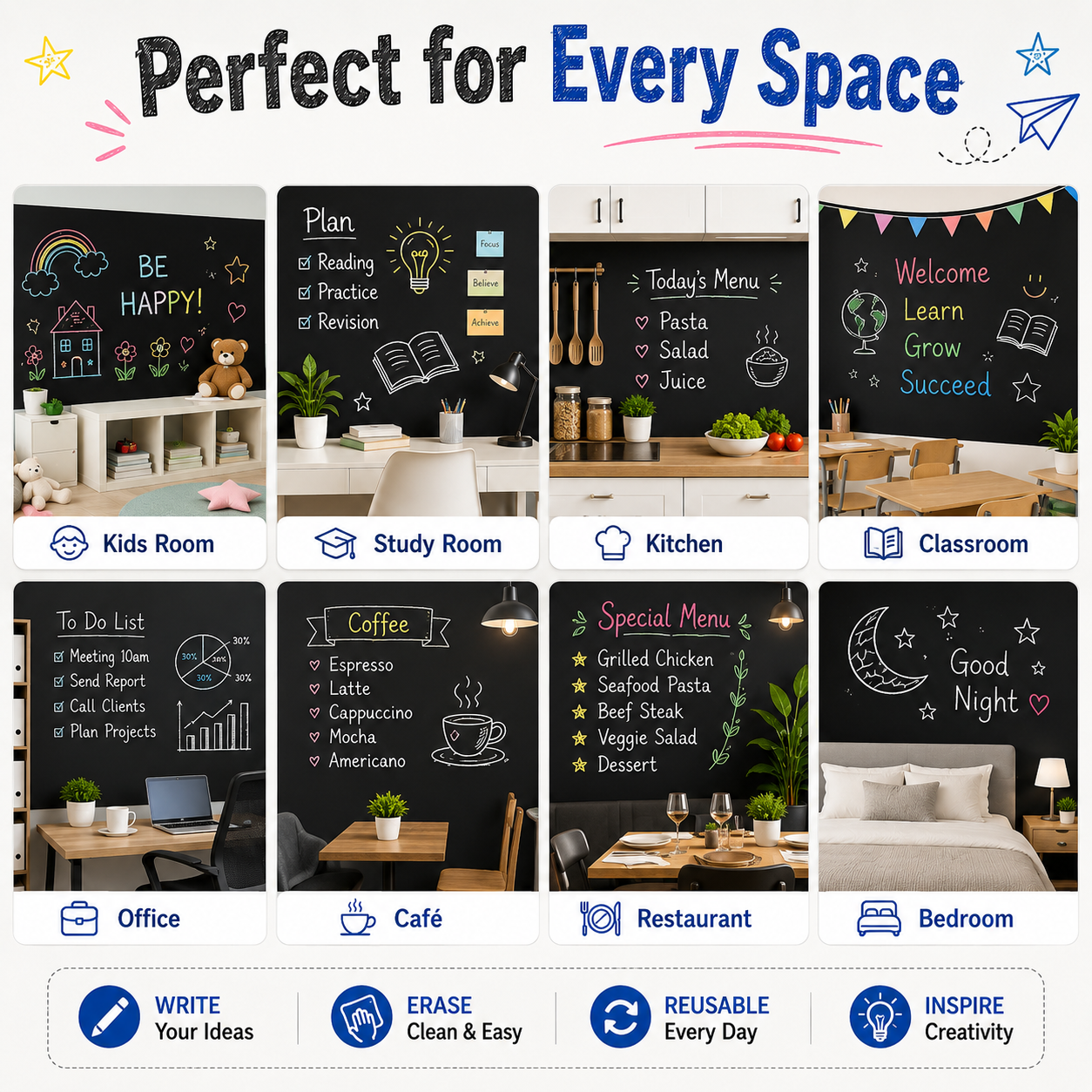 Self-Adhesive Erasable Blackboard Sticker Roll 200×45cm