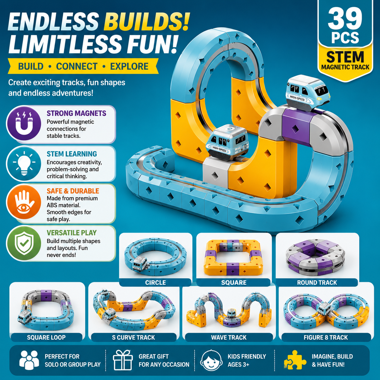 39 PCS Magnetic Train Track Set for Kids | STEM Educational Magnetic Racing Track with Rechargeable Train | DIY Toy