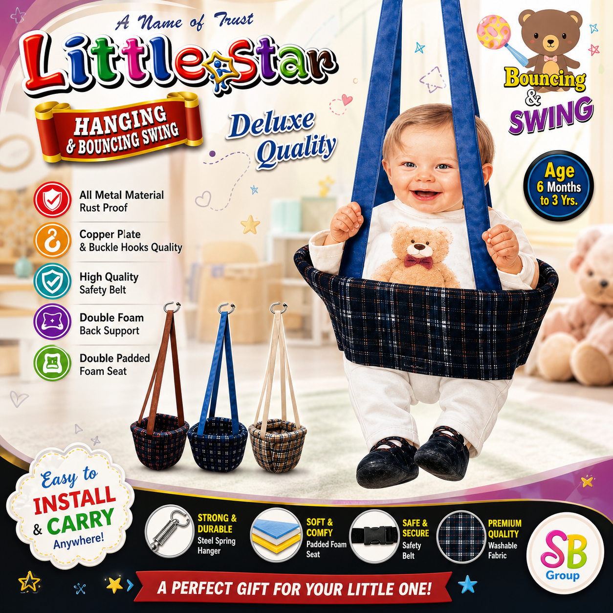 Baby Hanging Swing Seat – Little Star Deluxe Bouncing & Hanging Swing for Infants