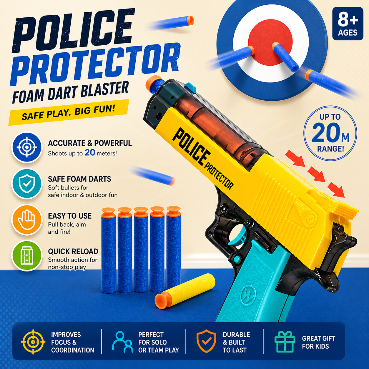 Soft Bullet Toy Gun with Foam Darts – Kids Safe Shooting Blaster with Target Practice Game