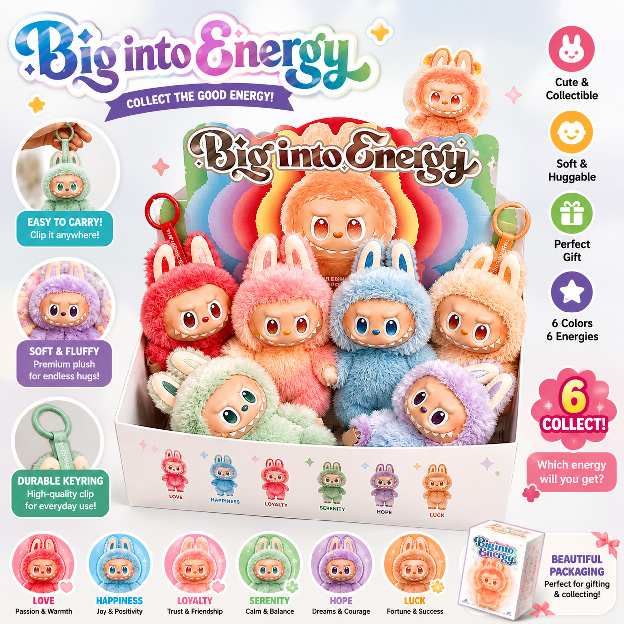 Energy Labubu Plush Keychain Toys – Cute Collectible Bunny Dolls (6 Styles)