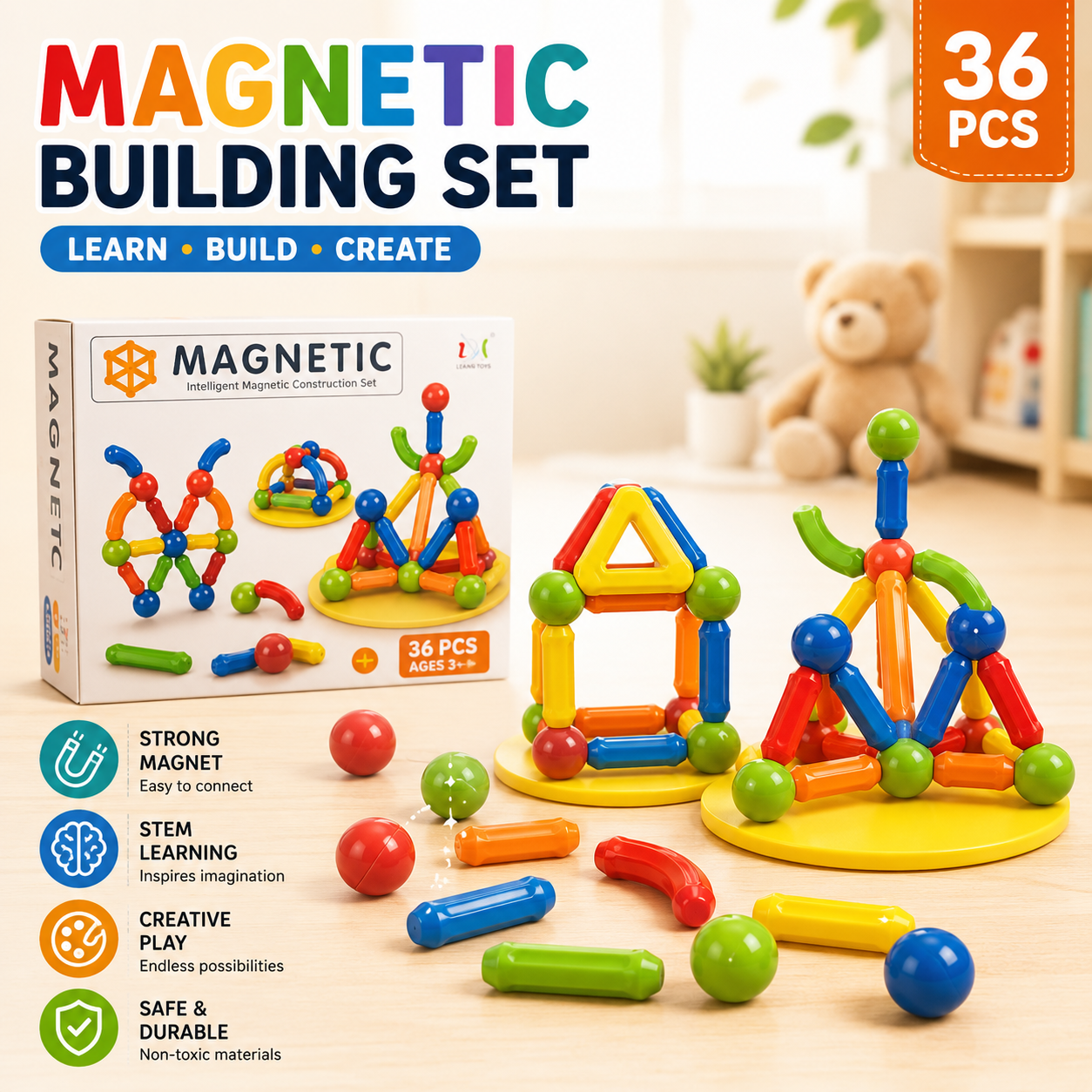 Magnetic Sticks Building Set – Kids STEM Construction Toy with Strong Magnets