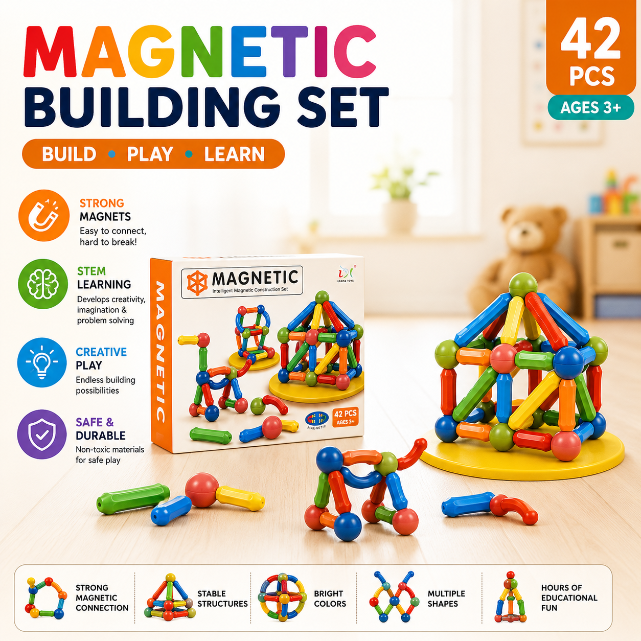 Magnetic Sticks Building Set – Kids STEM Construction Toy with Strong Magnets