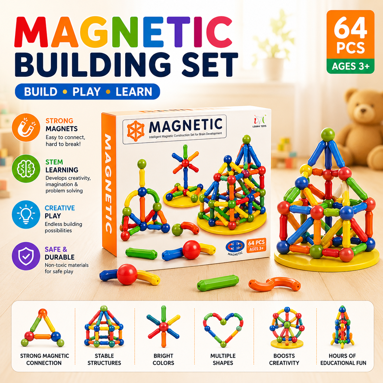 Magnetic Sticks Building Set – Kids STEM Construction Toy with Strong Magnets