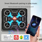 Bluetooth speaker with LED lights and smartphone showing music app interface.