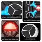 Product features with text describing soft impact area, Bluetooth speaker, gradient screen buttons, and thickened design.