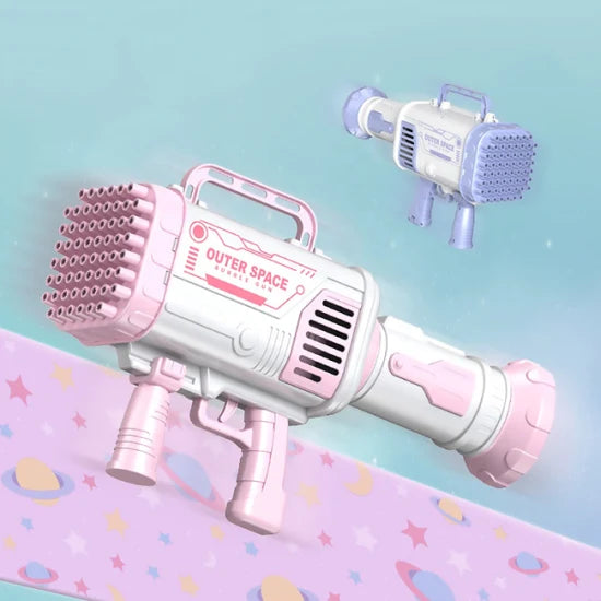 Toy space gun with pink and white design on a pastel background