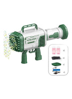 Green and white bubble gun with accessories on a white background