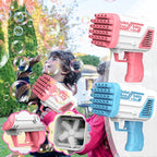 Two bubble guns, one pink and one blue, with bubbles in the background.
