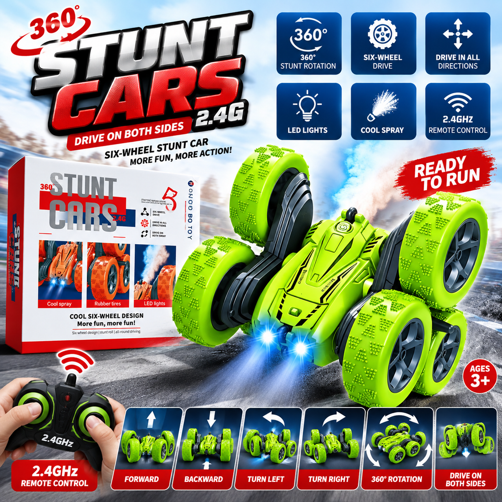 Remote Control 6-Wheel Stunt Car with Lights & Music | Double-Sided RC Car with Battery