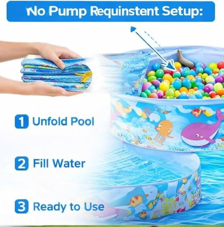 Inflatable pool with colorful balls and setup instructions on a blue background
