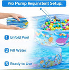 Inflatable pool with colorful balls and setup instructions on a blue background
