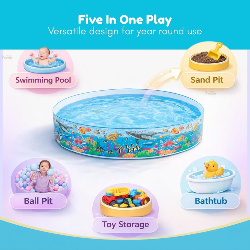 Inflatable pool with various uses including swimming pool, sand pit, ball pit, bathtub, and toy storage.