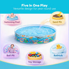 Inflatable pool with various uses including swimming pool, sand pit, ball pit, bathtub, and toy storage.