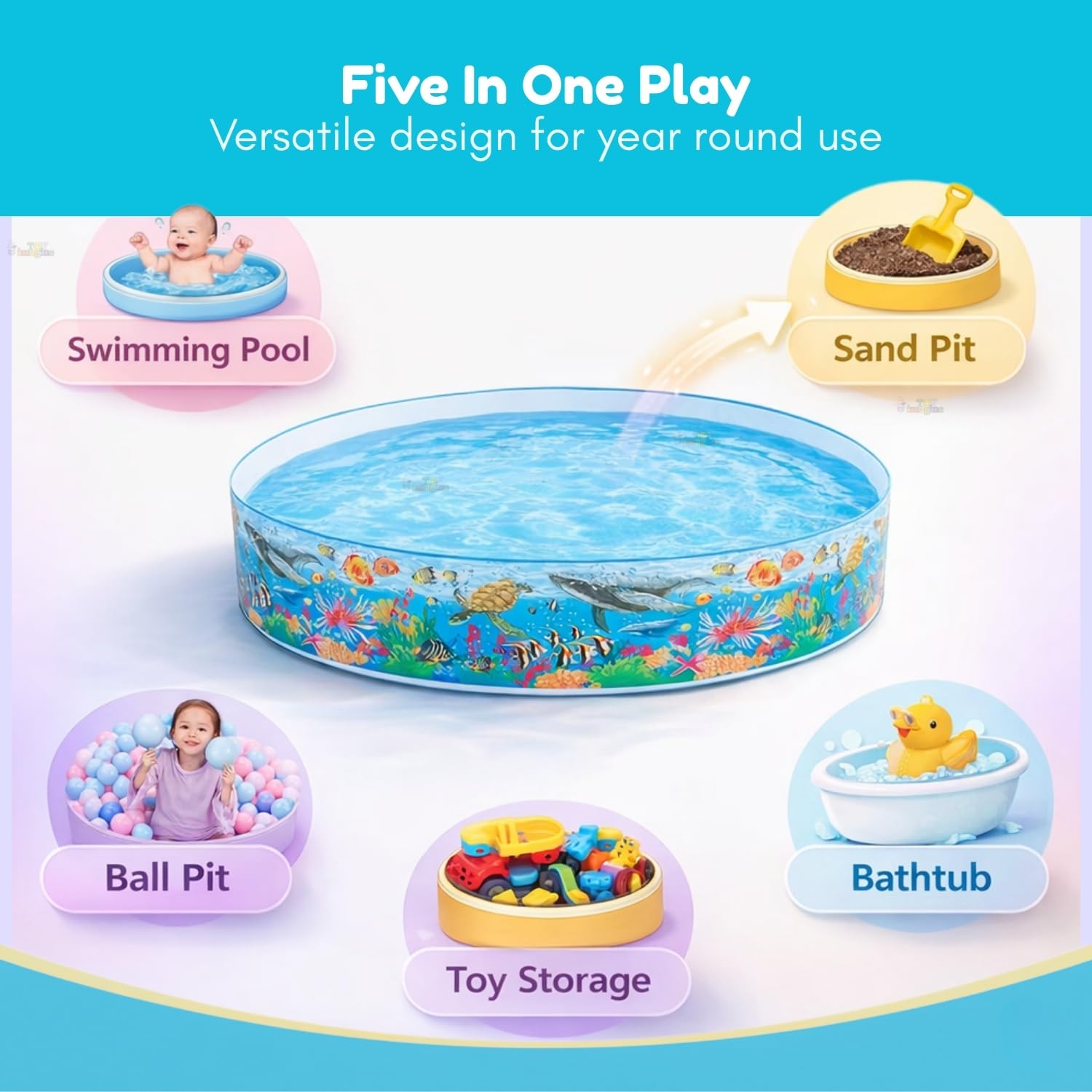 Inflatable pool with various uses including swimming pool, sand pit, ball pit, bathtub, and toy storage.