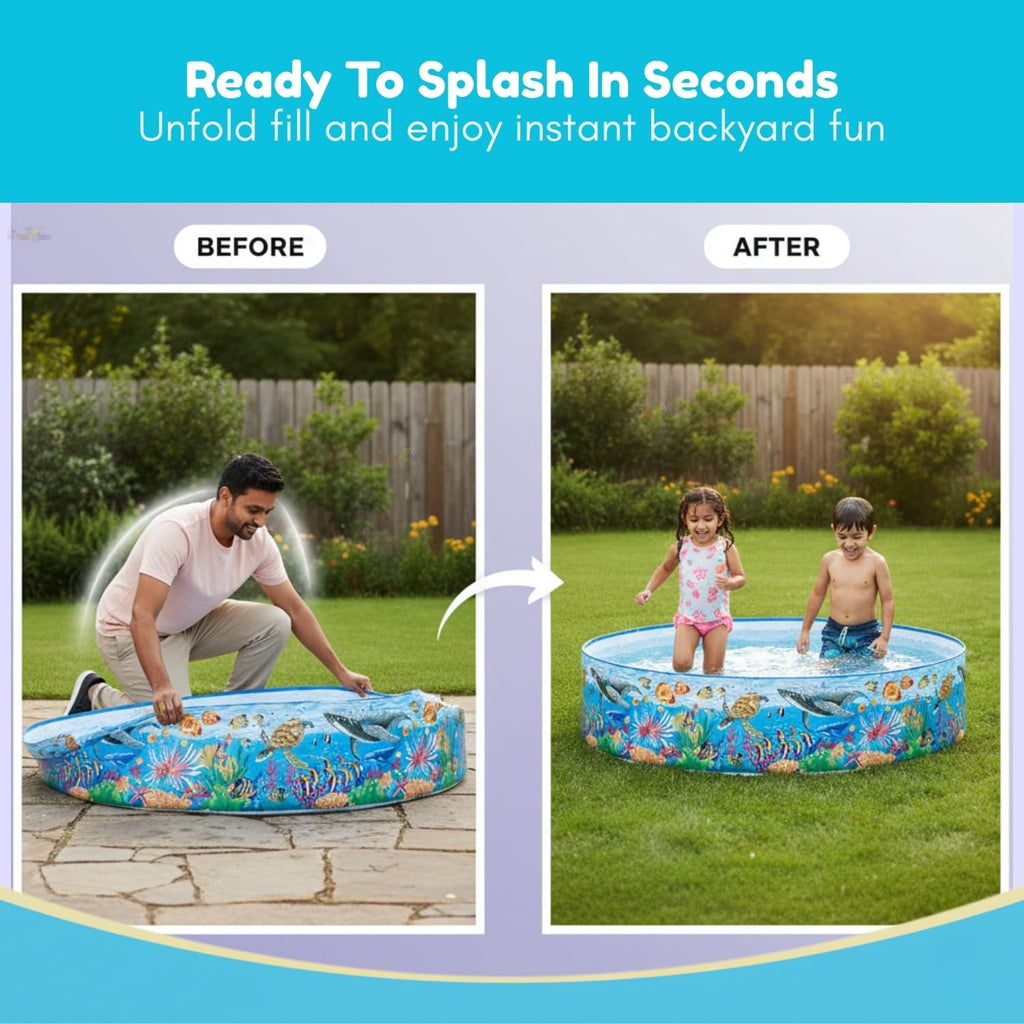 Before and after comparison of setting up a inflatable pool in a backyard.