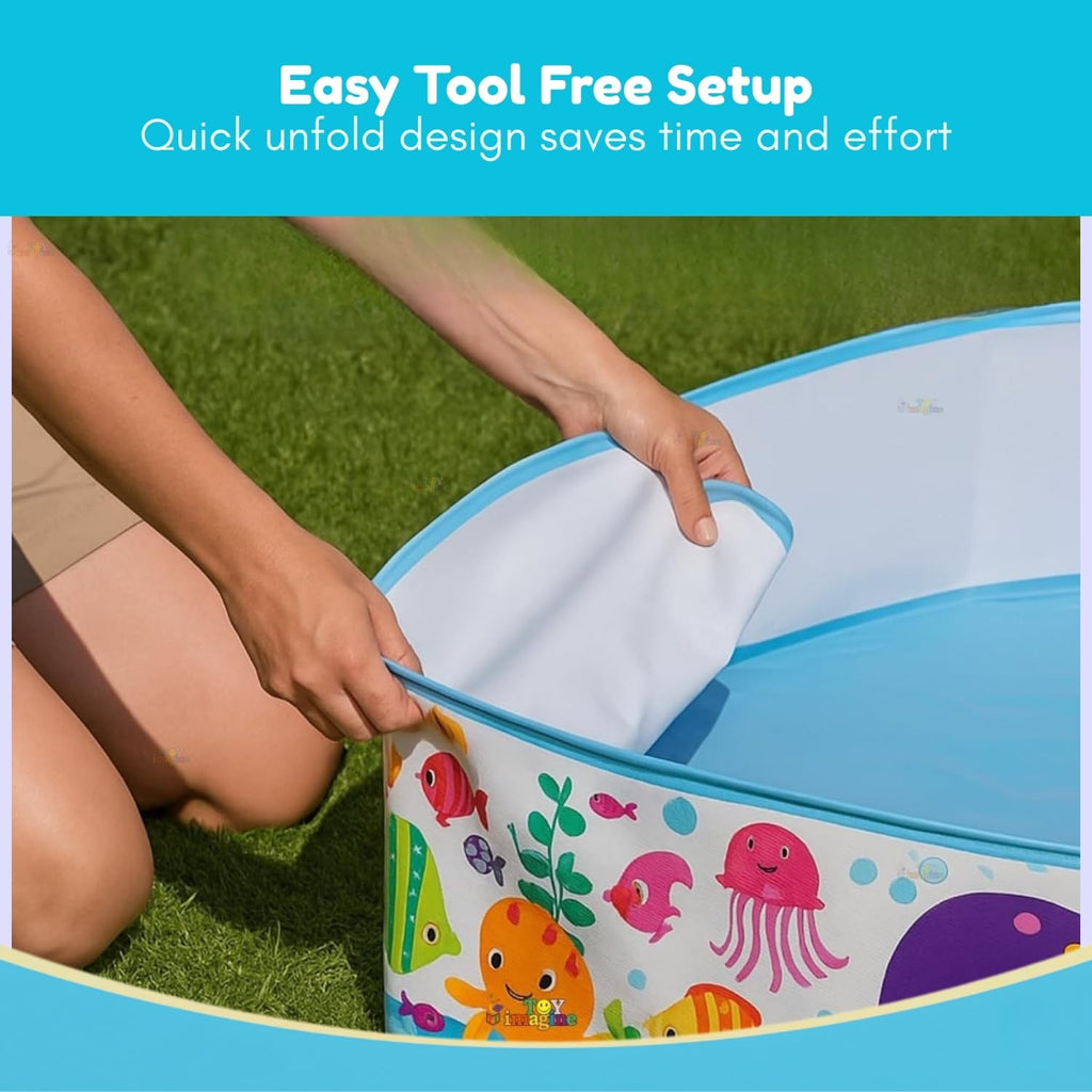 Person setting up a colorful inflatable pool with cartoon animals on grass, text 'Easy Tool Free Setup' above.