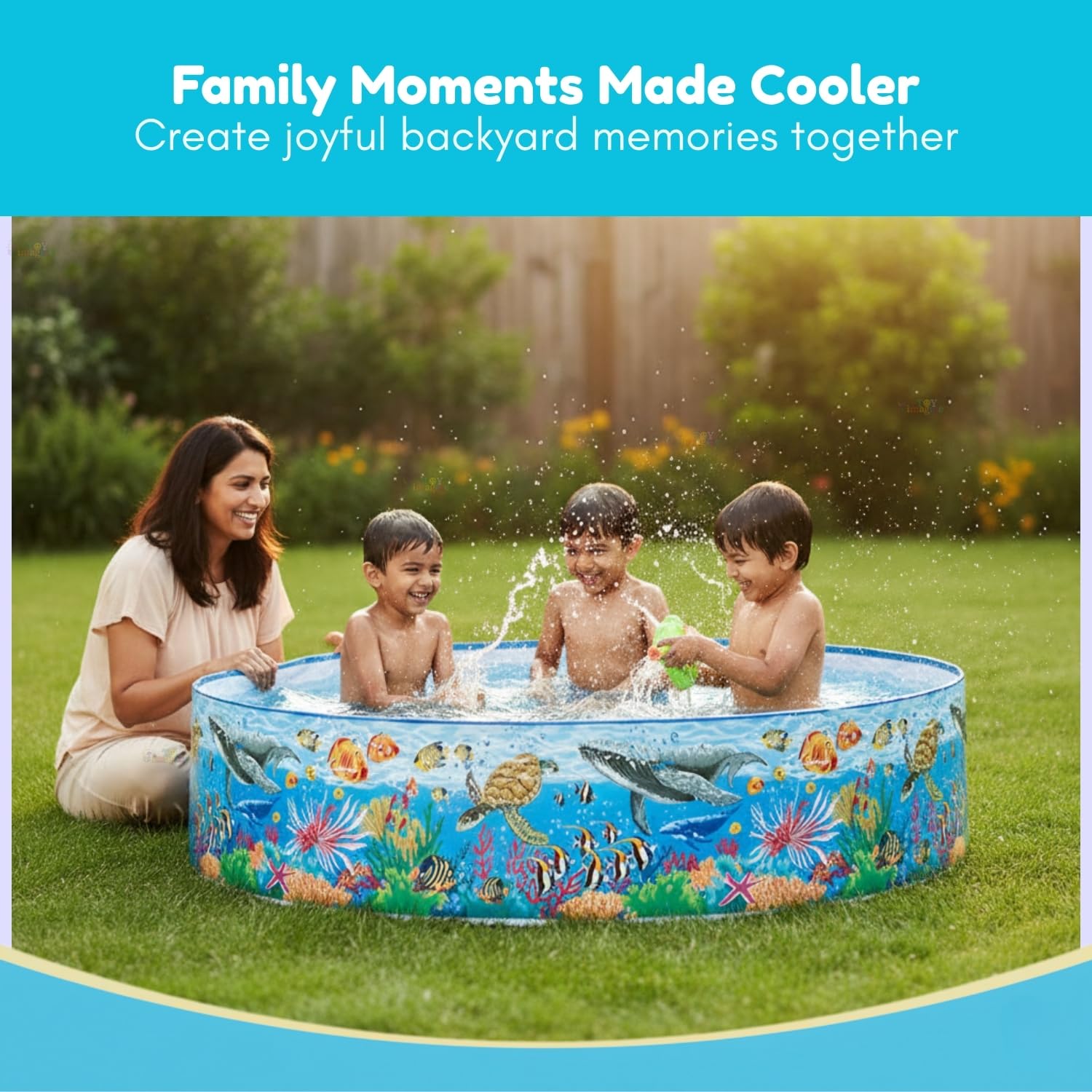 Family playing in a inflatable pool with a scenic background