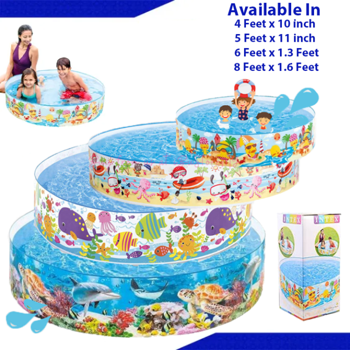 Inflatable pool with colorful design and children playing, surrounded by pool sizes listed.